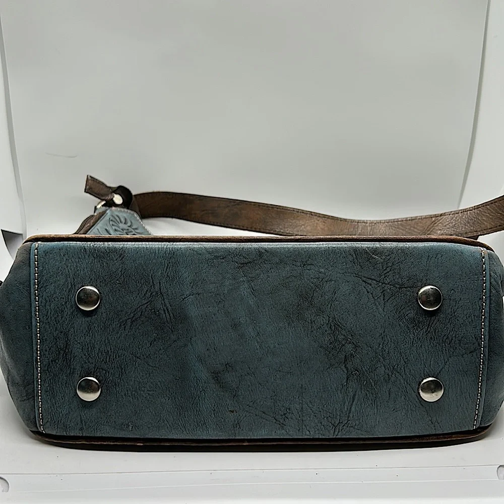 American West Gorgeous Light Blue/Brown Floral Leather Shoulder Bag Purse 🌸🌸 - Picture 7 of 14